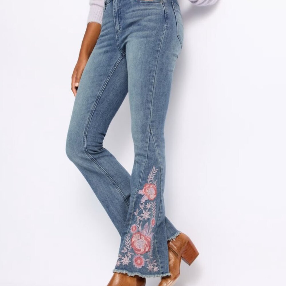 Prosperity Laura Floral Pink Embroidered Bootcut Jean, Size 31 - Picture 2 of 11